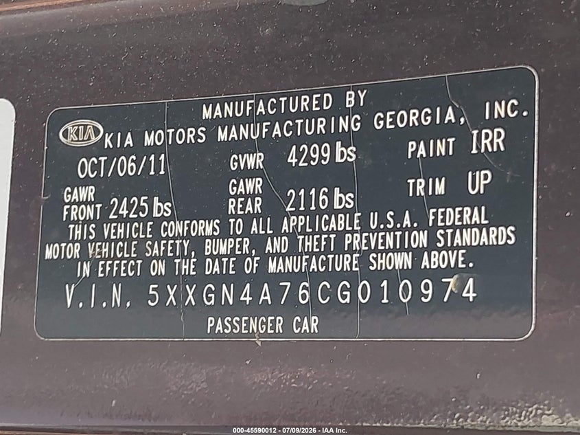 2012 Kia Optima VIN 5XXGN4A76CG010974 IAAI salvage auction — FRONT & REAR, Clear (Florida), sold $225 on 2026-07-23 (photo 9)