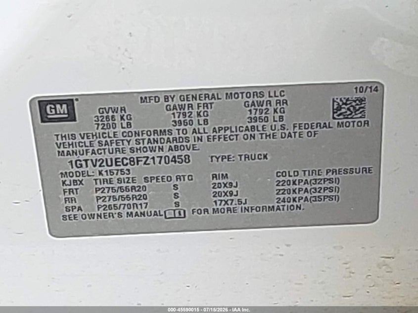 2015 Gmc SIERRA VIN 1GTV2UEC8FZ170458 IAAI salvage auction — FRONT END, Salvage (Mississippi), sold $2,550 on 2026-08-01 (photo 9)