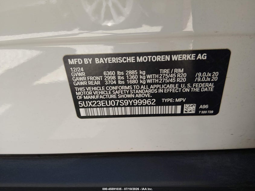 2025 BMW X5 VIN 5UX23EU07S9Y99962 IAAI salvage auction — LEFT FRONT, Original (Texas), sold $36,375 on 2026-07-21 (photo 9)