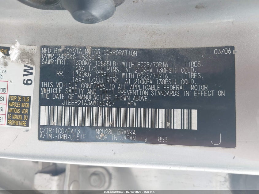 2006 Toyota Highlander VIN JTEEP21A360165467 IAAI salvage auction — FRONT END, Salvage (California), sold $850 on 2026-07-29 (photo 9)
