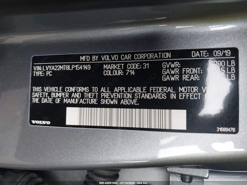 2020 Volvo S90 VIN LVYA22MT8LP154149 IAAI salvage auction — REAR END, Rebuildable (Florida), sold $2,650 on 2026-07-28 (photo 9)