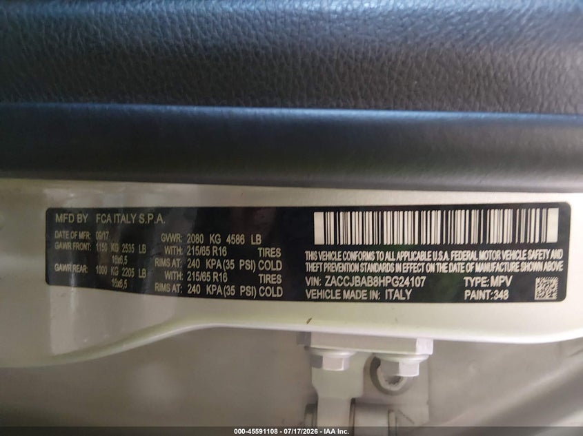 2017 Jeep Renegade VIN ZACCJBAB8HPG24107 IAAI salvage auction — FRONT END, Salvage (Idaho), sold $725 on 2026-08-21 (photo 9)