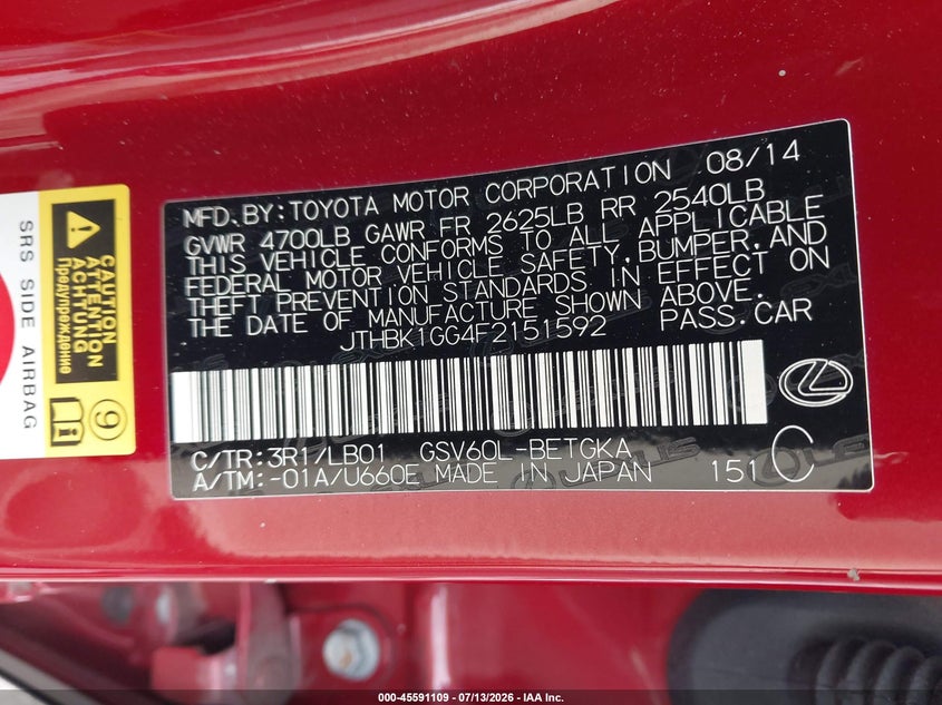 2015 Lexus ES VIN JTHBK1GG4F2151592 IAAI salvage auction — FRONT END, Salvage Title, sold $3,050 on 2026-07-24 (photo 9)