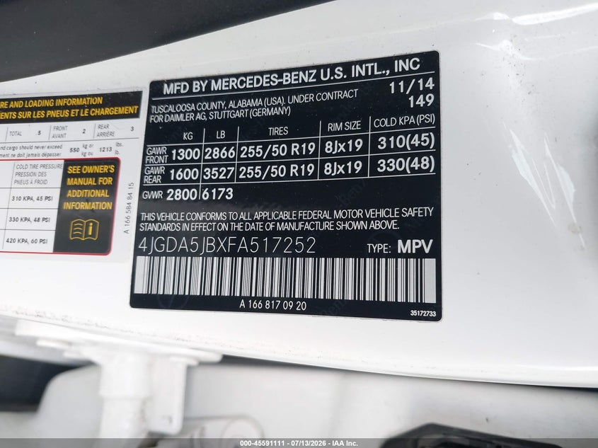 2015 Mercedes-benz M-klasse VIN 4JGDA5JBXFA517252 IAAI salvage auction — FRONT END, Salvage Certificate (California), sold $1,350 on 2026-07-24 (photo 9)