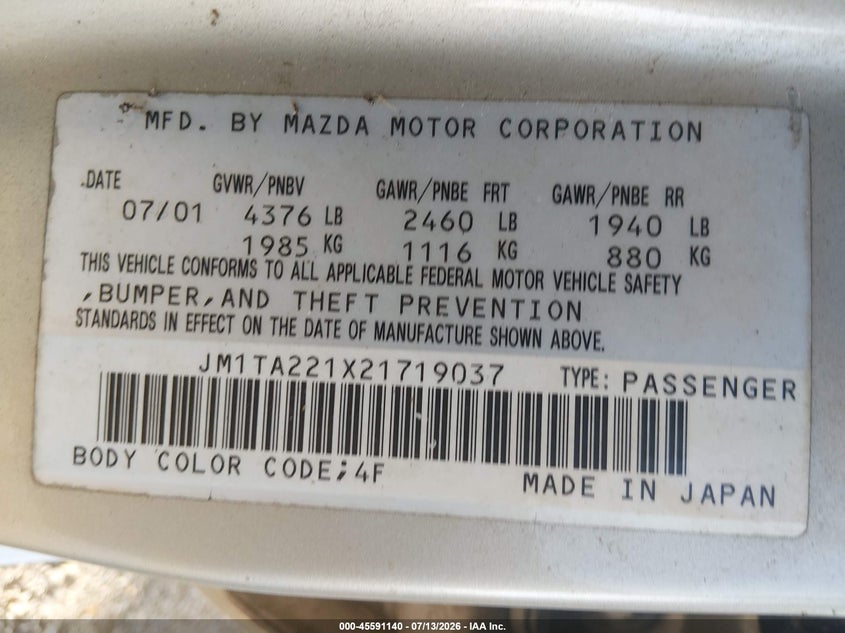 2002 Mazda Millenia VIN JM1TA221X21719037 IAAI salvage auction — NORMAL WEAR, Clear (Arkansas), sold $100 on 2026-07-29 (photo 9)