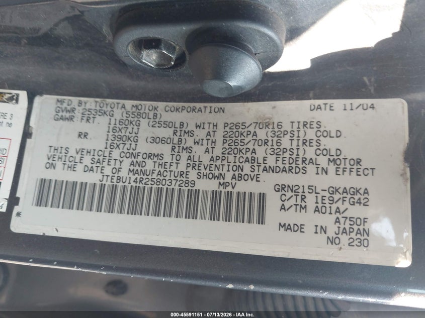 2005 Toyota 4runner VIN JTEBU14R258037289 IAAI salvage auction — NORMAL WEAR, Clear (Pennsylvania), sold $2,000 on 2026-07-28 (photo 9)