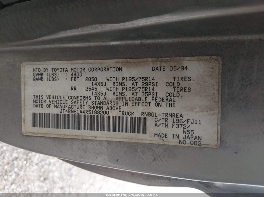 1994 Toyota Pickup VIN JT4RN81A4R5188200 IAAI salvage auction — NORMAL WEAR, Regular Certificate (Iowa), sold $400 on 2026-07-27 (photo 9)