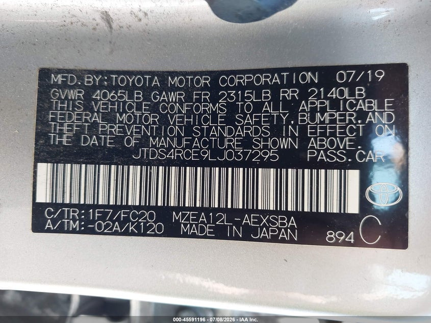 2020 Toyota Corolla VIN JTDS4RCE9LJ037295 IAAI salvage auction — NORMAL WEAR, Clear - Dealer Only (California), sold $3,450 on 2026-07-29 (photo 9)