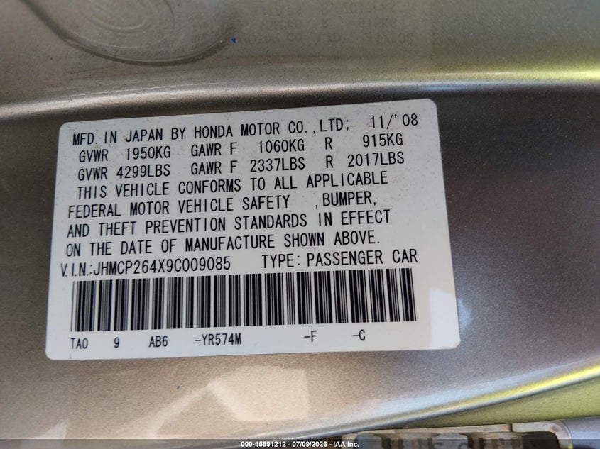 2009 Honda Accord VIN JHMCP264X9C009085 IAAI salvage auction — NORMAL WEAR, Salvage Title - Dealer (California), sold $600 on 2026-07-29 (photo 9)