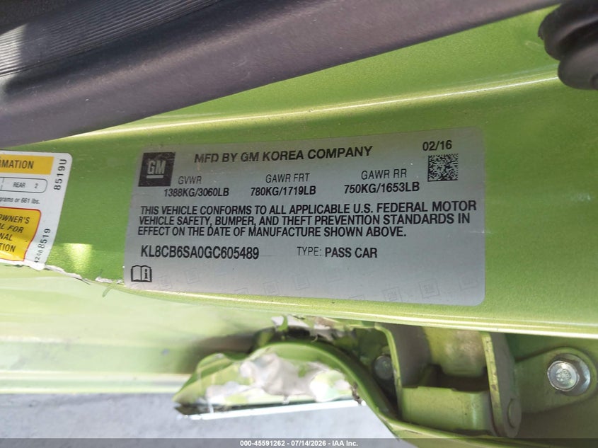 2016 Chevrolet Spark VIN KL8CB6SA0GC605489 IAAI salvage auction — SIDE, Salvage (California), sold $625 on 2026-08-01 (photo 9)