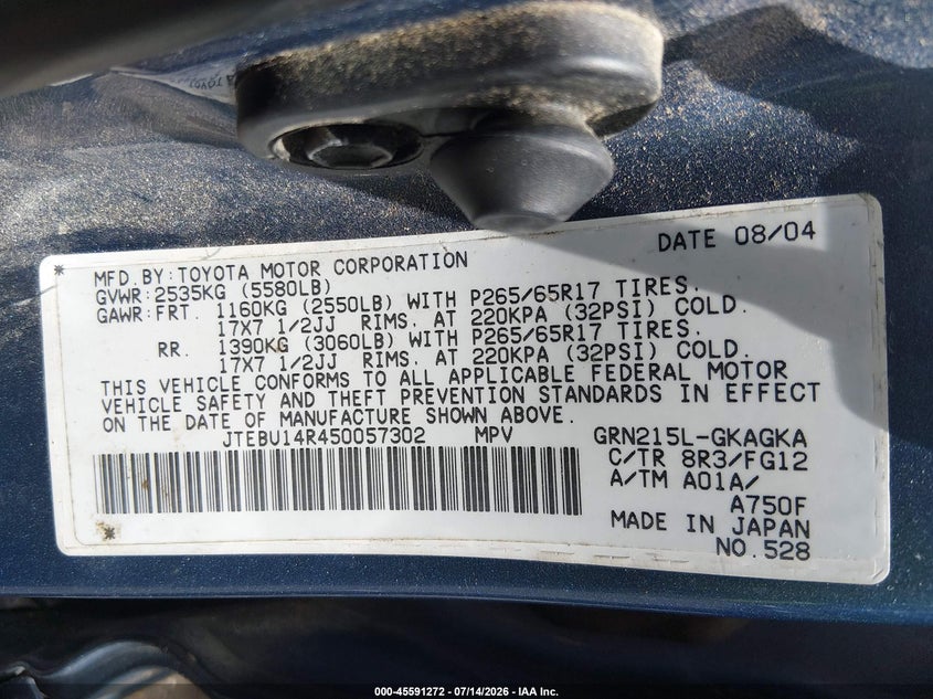 2005 Toyota 4runner VIN JTEBU14R450057302 IAAI salvage auction — NORMAL WEAR, Clear (Virginia), sold $2,450 on 2026-07-28 (photo 9)