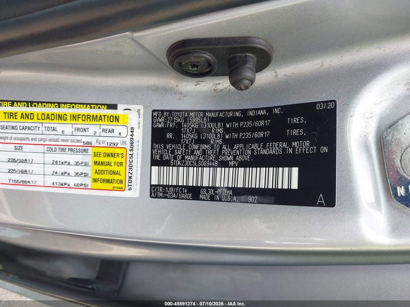 2020 Toyota Sienna VIN 5TDKZ3DC5LS069448 IAAI salvage auction — FRONT & REAR, Salvage Title, sold $3,650 on 2026-07-22 (photo 9)