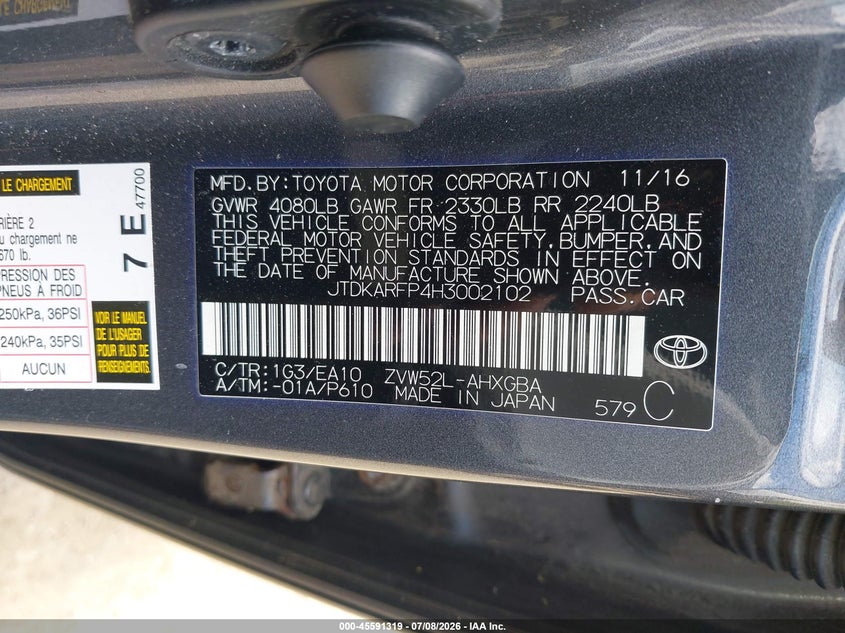 2017 Toyota Prius VIN JTDKARFP4H3002102 IAAI salvage auction — NORMAL WEAR, Salvage Title, sold $7,950 on 2026-07-14 (photo 9)