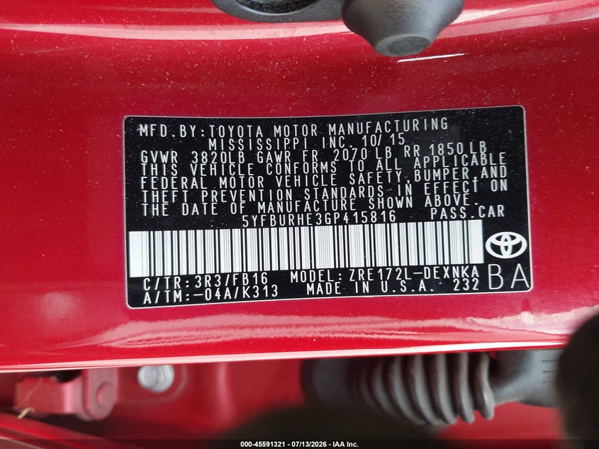 2016 Toyota Corolla VIN 5YFBURHE3GP415816 IAAI salvage auction — RIGHT FRONT, Salvage Certificate (California), sold $2,000 on 2026-07-29 (photo 9)
