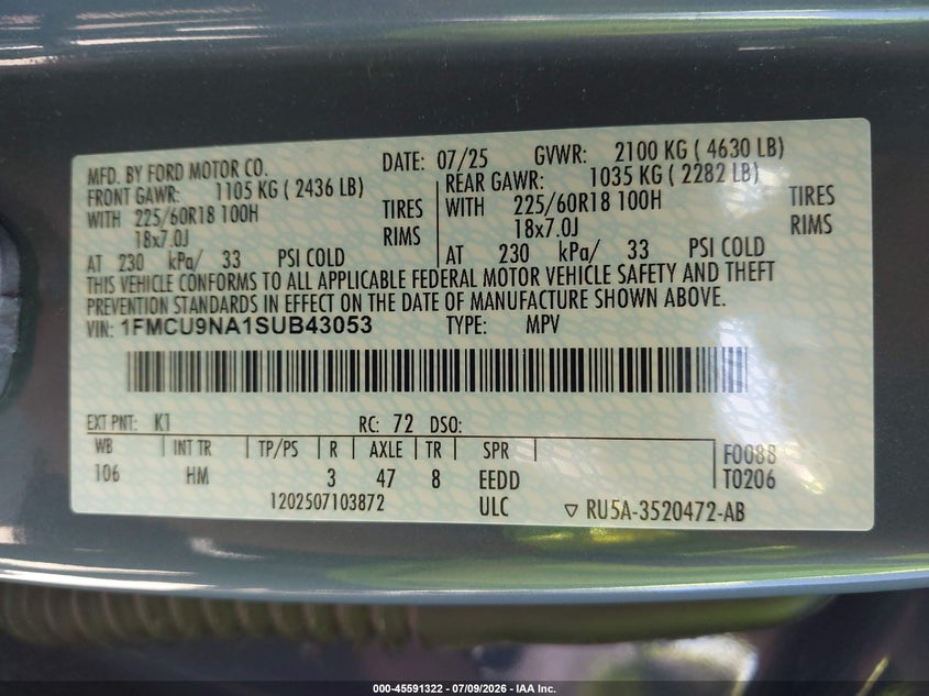 2025 Ford Escape VIN 1FMCU9NA1SUB43053 IAAI salvage auction — REAR END, Salvage Title, sold $14,350 on 2026-07-22 (photo 9)