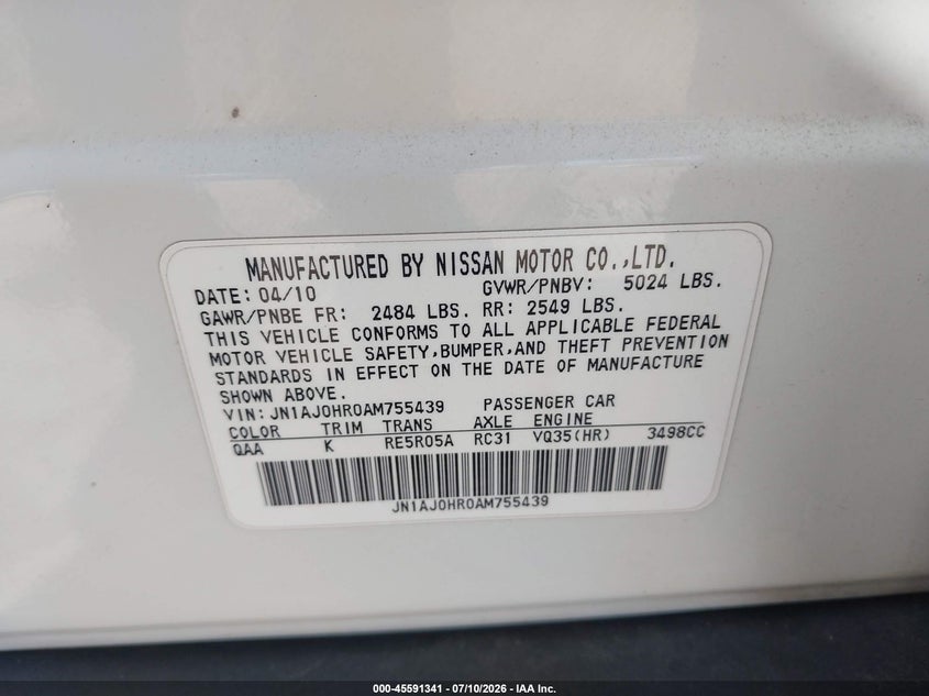 2010 Infiniti Ex35 VIN JN1AJ0HR0AM755439 IAAI salvage auction — NORMAL WEAR, Clear - Dealer Only (California), sold $25 on 2026-07-21 (photo 9)