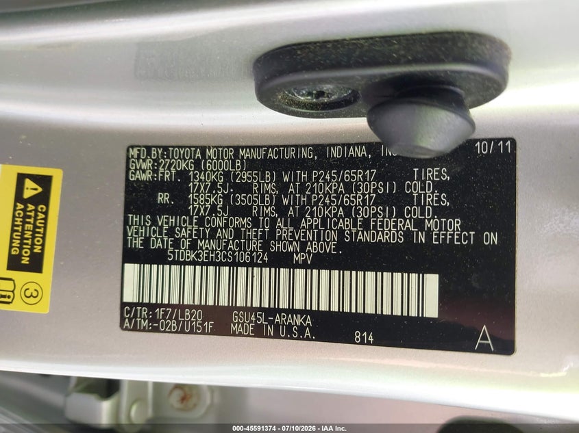 2012 Toyota Highlander VIN 5TDBK3EH3CS106124 IAAI salvage auction — NORMAL WEAR, Salvage Title, sold $3,600 on 2026-07-31 (photo 9)