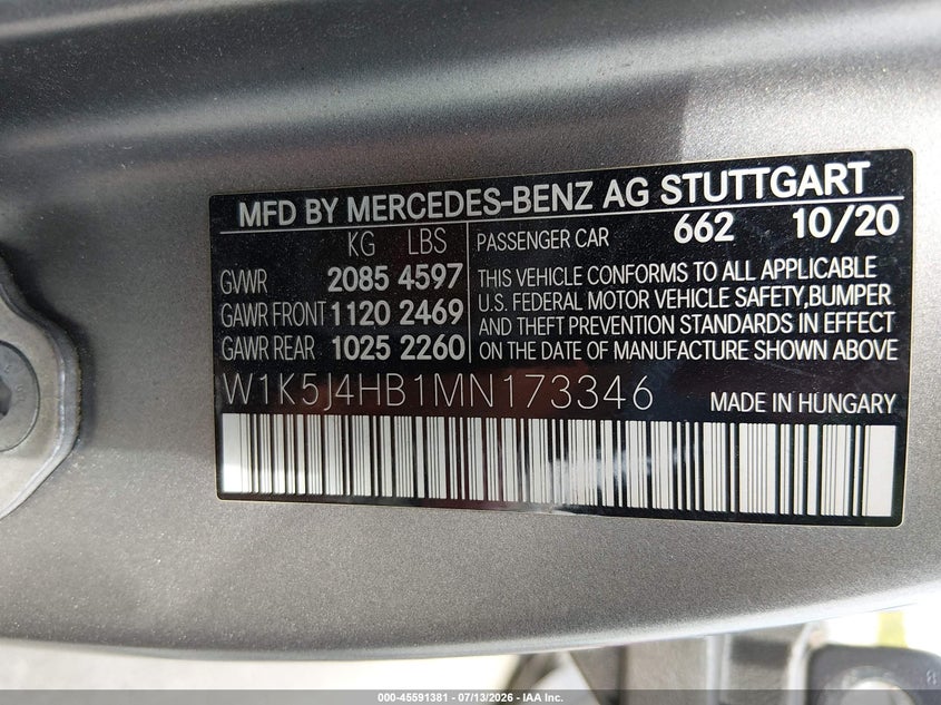 2021 Mercedes-benz Cla-klasse VIN W1K5J4HB1MN173346 IAAI salvage auction — SIDE, Salvage (California), sold $9,500 on 2026-08-24 (photo 9)