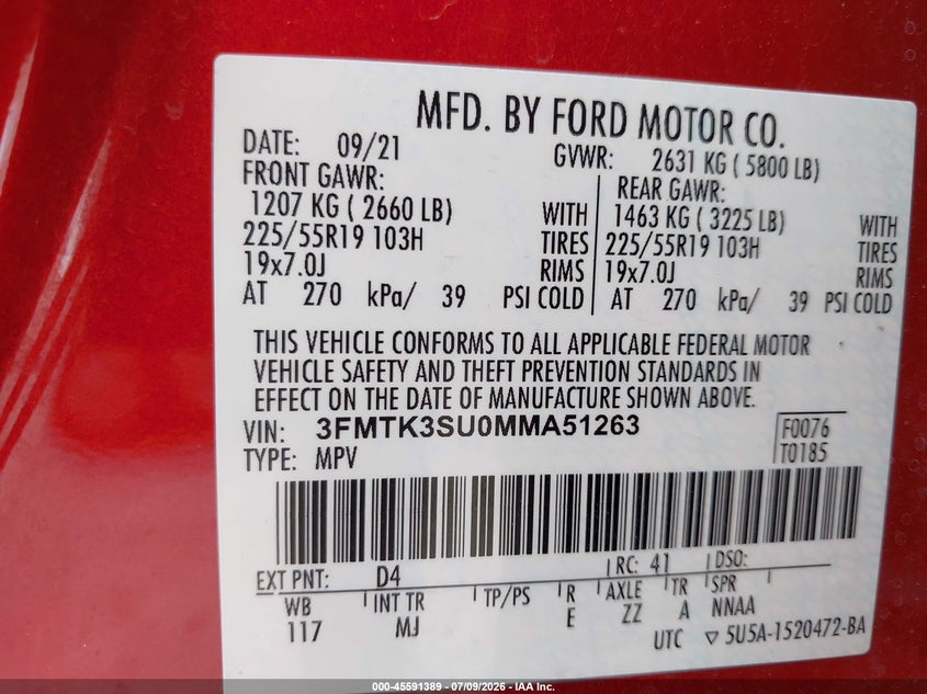 2021 Ford Mustang mach-e VIN 3FMTK3SU0MMA51263 IAAI salvage auction — REAR END, Clear Claim Paid (Wisconsin), sold $9,400 on 2026-07-30 (photo 9)