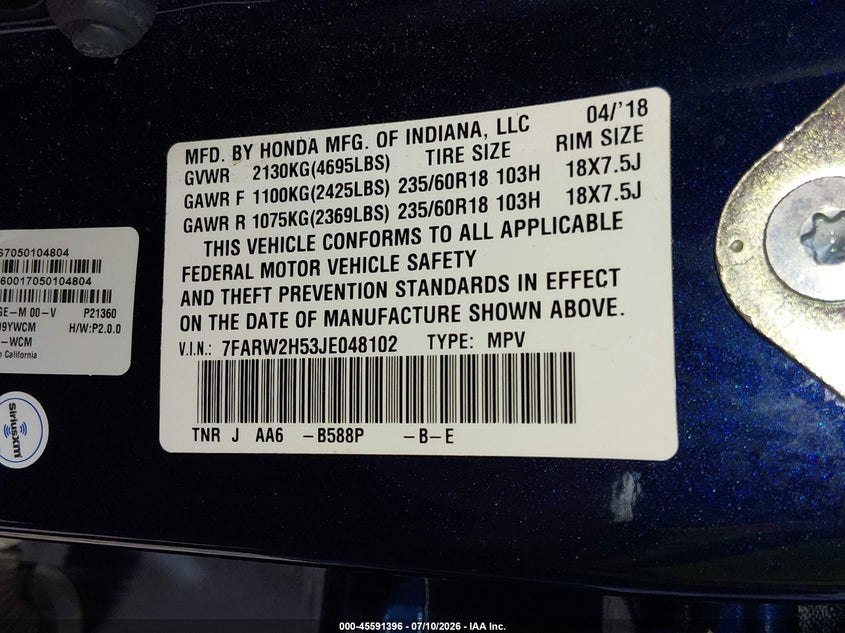 2018 Honda Cr-v VIN 7FARW2H53JE048102 IAAI salvage auction — FRONT & REAR, Salvage Title, sold $1,100 on 2026-07-23 (photo 9)