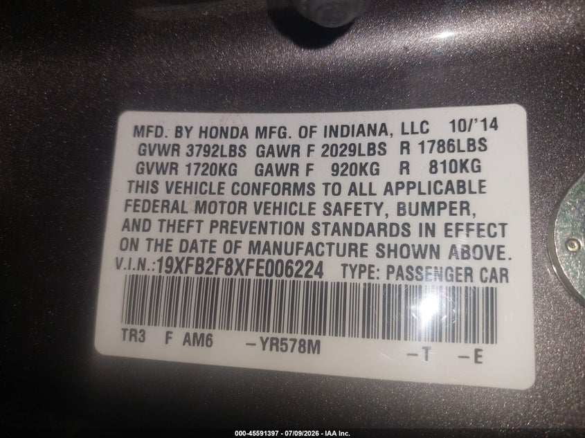 2015 Honda Civic VIN 19XFB2F8XFE006224 IAAI salvage auction — SIDE, Salvage Title, sold $4,350 on 2026-07-28 (photo 9)