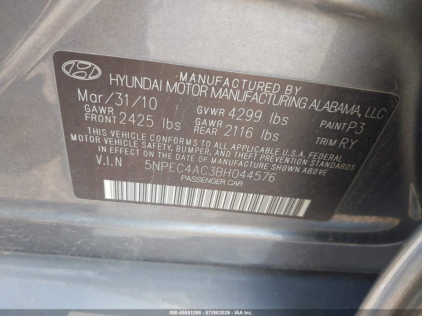 2011 Hyundai Sonata VIN 5NPEC4AC3BH044576 IAAI salvage auction — NORMAL WEAR, Clear (Pennsylvania), sold $550 on 2026-07-24 (photo 9)