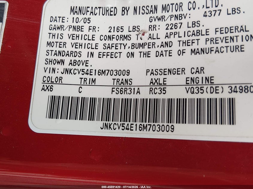 2006 Infiniti G35 VIN JNKCV54E16M703009 IAAI salvage auction — LEFT FRONT, Salvage (Texas), sold $725 on 2026-07-29 (photo 9)