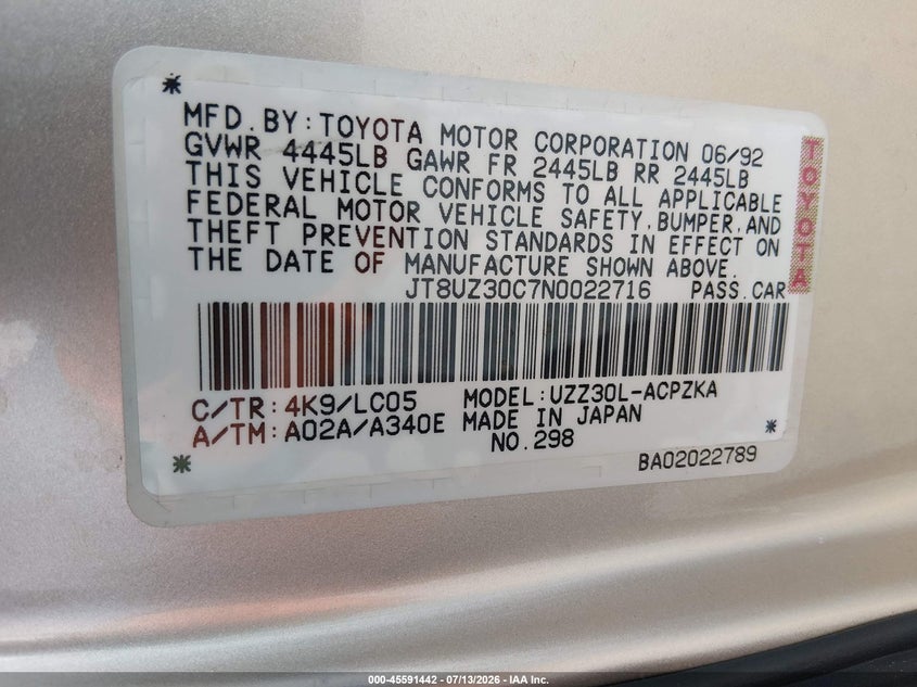 1992 Lexus Sc VIN JT8UZ30C7N0022716 IAAI salvage auction — FRONT END, Salvage (California), sold $2,300 on 2026-07-28 (photo 9)
