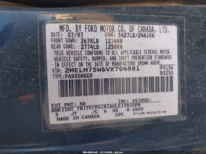 1997 Mercury Grand marquis VIN 2MELM75W6VX704881 IAAI salvage auction — NORMAL WEAR, Regular (South Dakota), sold $375 on 2026-07-28 (photo 9)