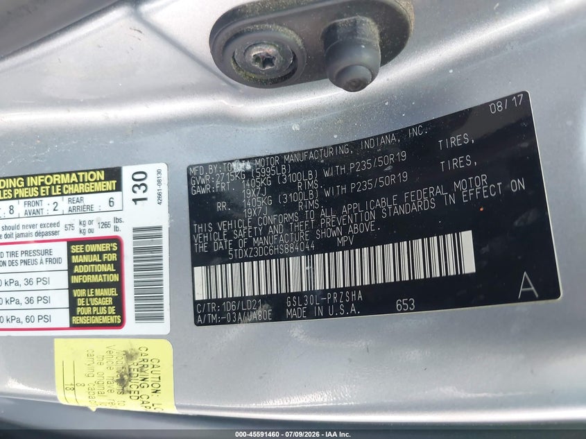 2017 Toyota Sienna VIN 5TDXZ3DC6HS884044 IAAI salvage auction — VANDALISM, Salvage Certificate (California), sold $1,775 on 2026-07-29 (photo 9)