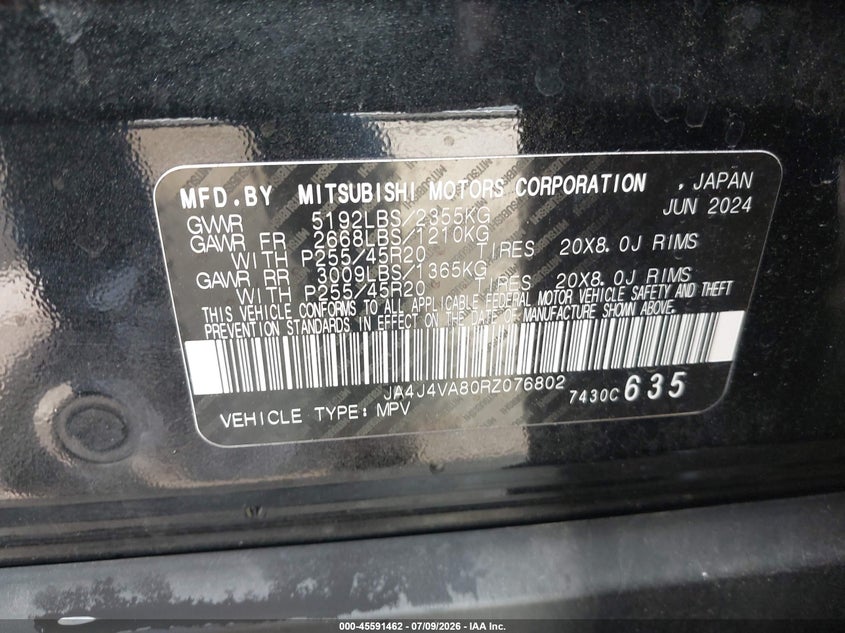 2024 Mitsubishi Outlander VIN JA4J4VA80RZ076802 IAAI salvage auction — FRONT END, Salvage Title, sold $13,025 on 2026-08-20 (photo 9)
