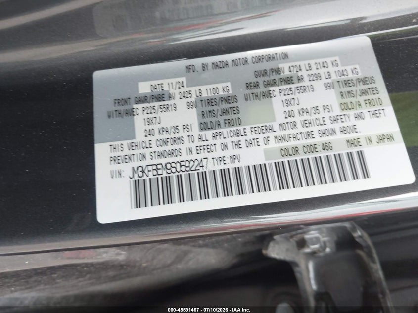 2025 Mazda Cx-5 VIN JM3KFBEM9S0592247 IAAI salvage auction — SIDE, Salvage (Ohio), sold $9,100 on 2026-07-18 (photo 9)