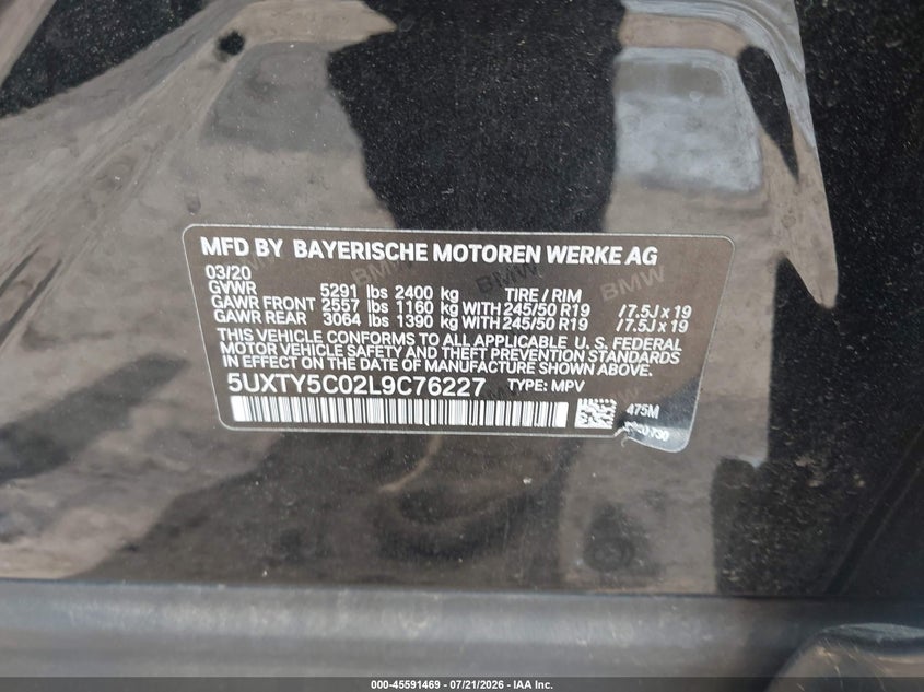 2020 BMW X3 VIN 5UXTY5C02L9C76227 IAAI salvage auction — FRONT & REAR, Salvage - Greater Than 75% (Maryland), sold $10,500 on 2026-07-26 (photo 9)