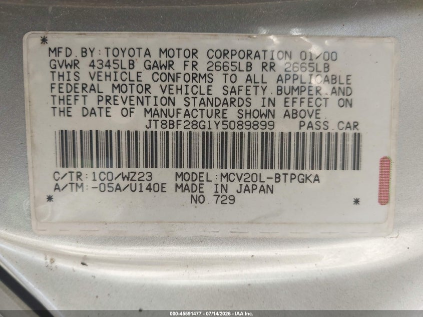 2000 Lexus Es 300 VIN JT8BF28G1Y5089899 IAAI salvage auction — NORMAL WEAR, Original (Ohio), sold $175 on 2026-07-21 (photo 9)