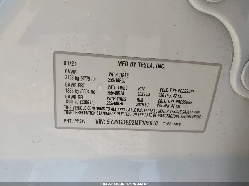 2021 Tesla Model y VIN 5YJYGDED2MF105910 IAAI salvage auction — REAR END, Salvage (Ohio), sold $7,400 on 2026-07-30 (photo 9)