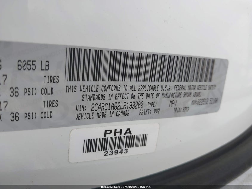 2020 Chrysler Voyager VIN 2C4RC1AG2LR193200 IAAI salvage auction — NORMAL WEAR, Enterprise Vehicles Clear Only (Pennsylvania), sold $10,300 on 2026-07-31 (photo 9)