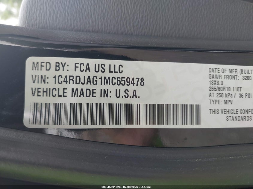 2021 Dodge Durango VIN 1C4RDJAG1MC659478 IAAI salvage auction — NORMAL WEAR, Enterprise Vehicles Clear Only (New Jersey), sold $17,850 on 2026-07-31 (photo 9)