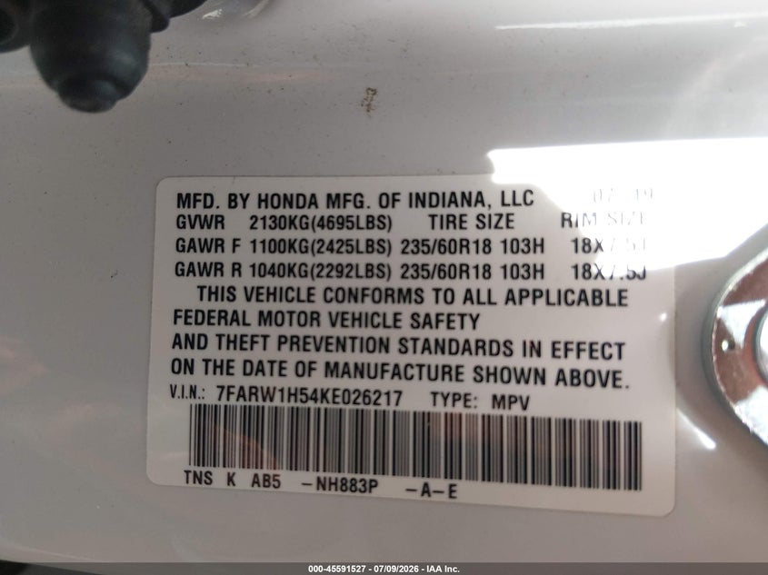2019 Honda Cr-v VIN 7FARW1H54KE026217 IAAI salvage auction — ROLLOVER, Salvage (California), sold $2,250 on 2026-07-28 (photo 9)