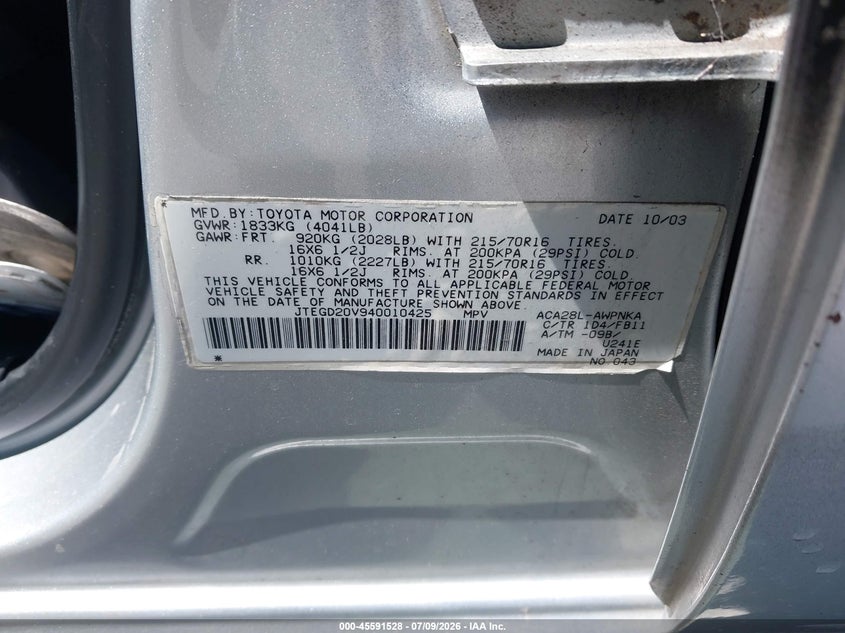 2004 Toyota Rav4 VIN JTEGD20V940010425 IAAI salvage auction — NORMAL WEAR, Salvage Title - Dealer (California), sold $450 on 2026-07-29 (photo 9)