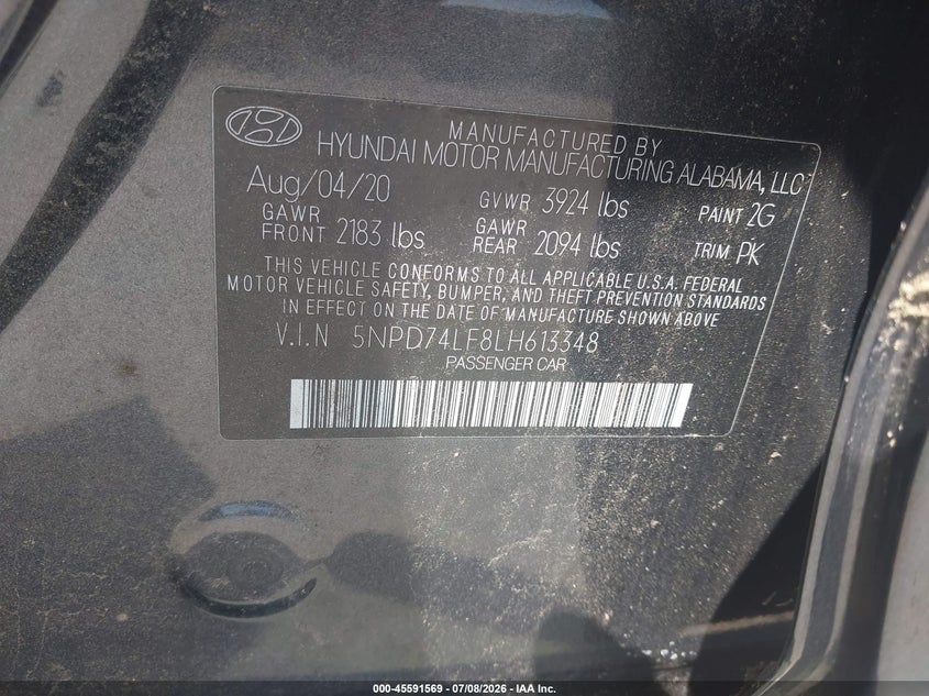 2020 Hyundai Elantra VIN 5NPD74LF8LH613348 IAAI salvage auction — NORMAL WEAR, Sf97 (New Hampshire), sold $10,925 on 2026-07-23 (photo 9)