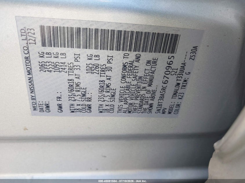 2024 Nissan Rogue VIN 5N1BT3BA5RC670965 IAAI salvage auction — NORMAL WEAR, Enterprise Vehicles Clear Only (New Jersey), sold $14,000 on 2026-07-31 (photo 9)
