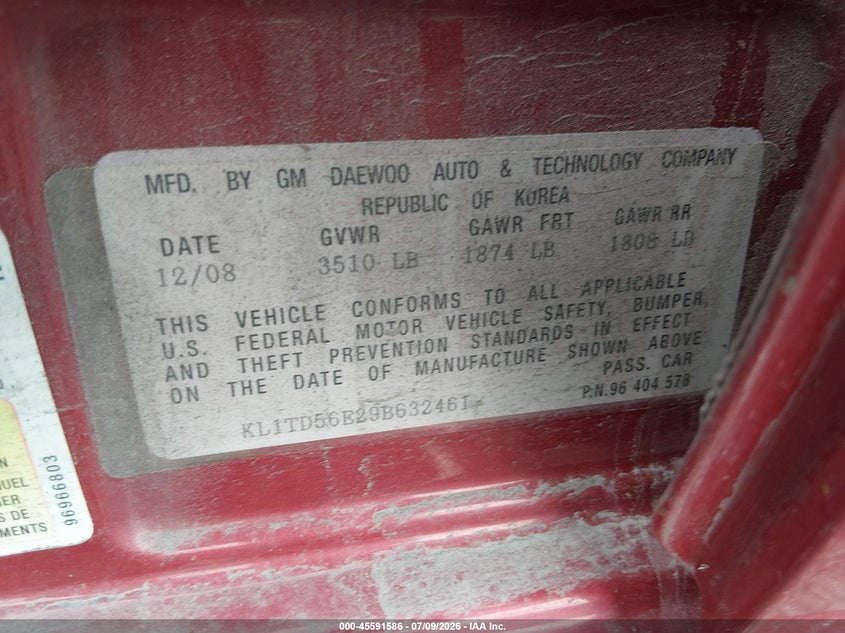 2009 Chevrolet Aveo VIN KL1TD56E29B632461 IAAI salvage auction — NORMAL WEAR, Clear (Pennsylvania), sold $325 on 2026-07-14 (photo 9)