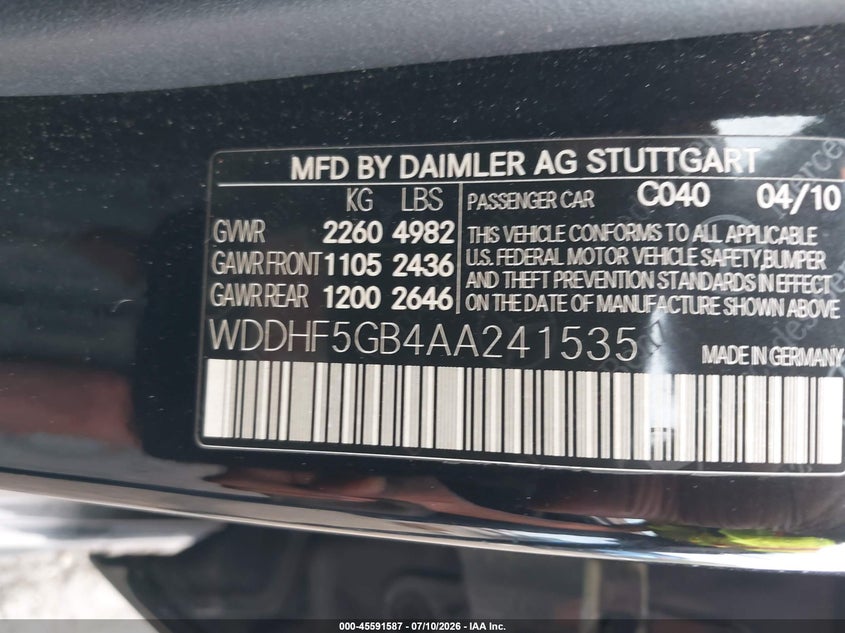 2010 Mercedes-benz E-class VIN WDDHF5GB4AA241535 IAAI salvage auction — FRONT END, Clear (Virginia), sold $1,050 on 2026-08-07 (photo 9)