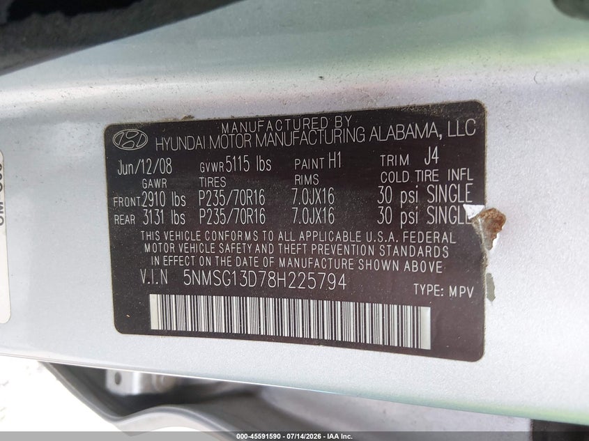 2008 Hyundai Santa fe VIN 5NMSG13D78H225794 IAAI salvage auction — REAR END, Salvage (Alabama), sold $300 on 2026-08-03 (photo 9)