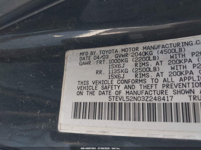 2003 Toyota Tacoma VIN 5TEVL52N03Z248417 IAAI salvage auction — NORMAL WEAR, Clear - Dealer Only (California), sold $4,250 on 2026-07-20 (photo 9)