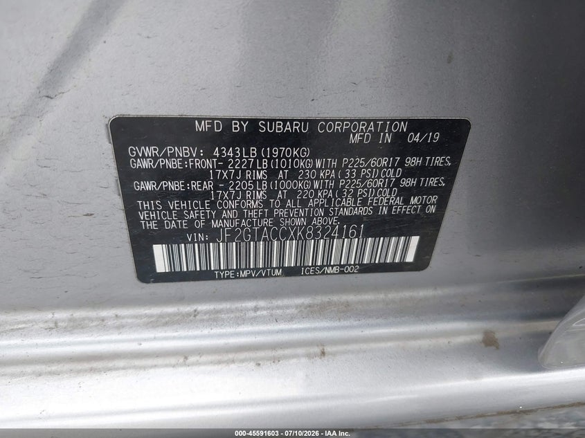2019 Subaru Xv VIN JF2GTACCXK8324161 IAAI salvage auction — SIDE, Bill Of Sale (Washington), sold $6,100 on 2026-08-01 (photo 9)