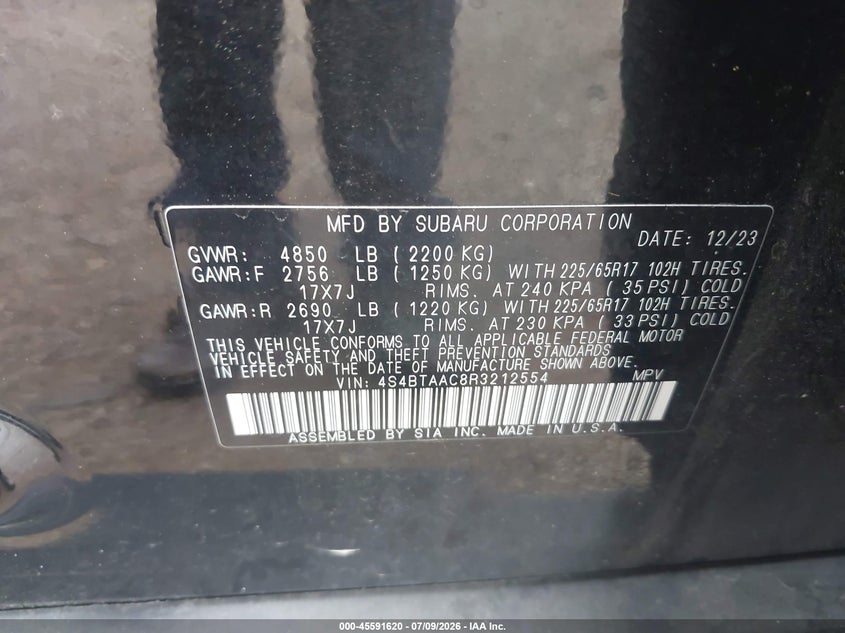 2024 Subaru Outback VIN 4S4BTAAC8R3212554 IAAI salvage auction — NORMAL WEAR, Salvage Title, sold $14,750 on 2026-07-31 (photo 9)