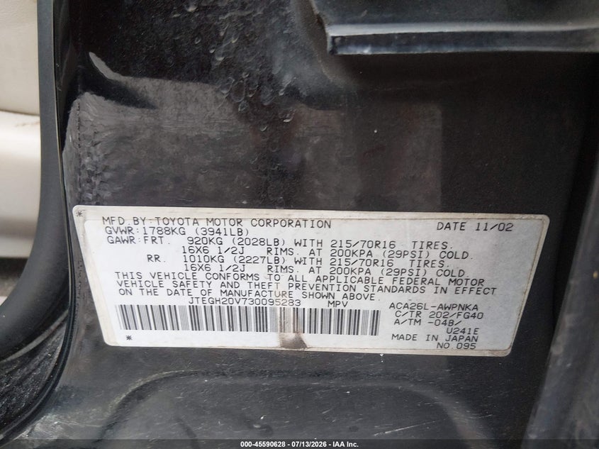 2003 Toyota Rav4 VIN JTEGH20V730095283 IAAI salvage auction — NORMAL WEAR, Clear (Alabama), sold $850 on 2026-07-20 (photo 9)