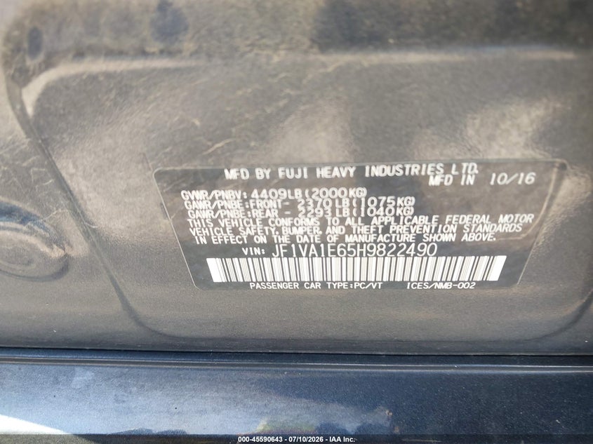 2017 Subaru Wrx VIN JF1VA1E65H9822490 IAAI salvage auction — SIDE, Salvage Title, sold $4,225 on 2026-07-28 (photo 9)
