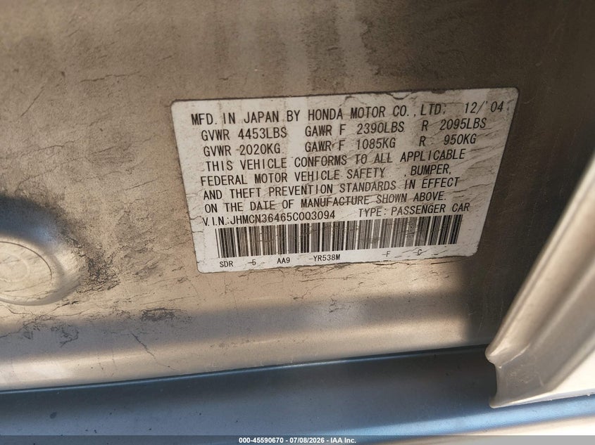 2005 Honda Accord VIN JHMCN36465C003094 IAAI salvage auction — ALL OVER, Clear (Idaho), sold $400 on 2026-07-31 (photo 9)